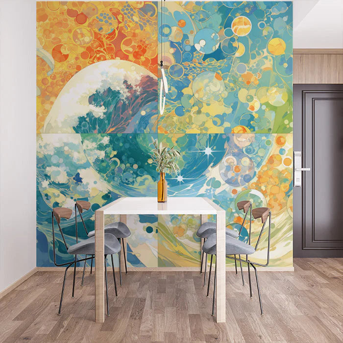 Vintage Floral Mural Wallpaper in Dining Room Various Colors (Orange, Blue, Green, etc.) of Flowers Mural Wallpaper