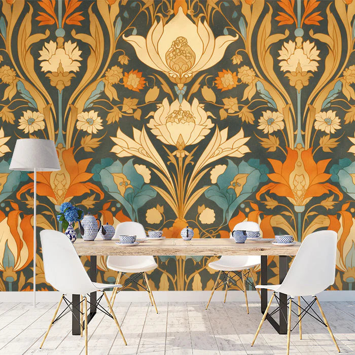 Vintage Floral Wallpaper in Dining Room Various Colors (Pink, Yellow, Green, etc.) of Flowers Mural Wallpaper