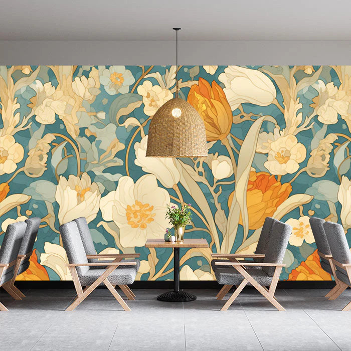 Romantic Floral Wallpaper in Cafe Shop Various Colors (Pink, Yellow, Green, etc.) of Flowers Mural Wallpaper