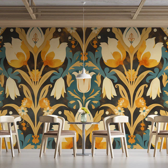 Vintage Floral Wallpaper in Cafe Various Colors (Pink, Yellow, Green, etc.) of Flowers Mural Wallpaper