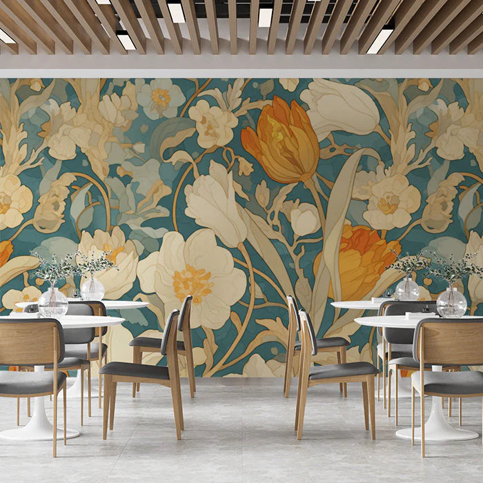 Vintage Floral Wallpaper in Restaurant Various Colors (Pink, Yellow, Green, etc.) of Flowers Mural Wallpaper