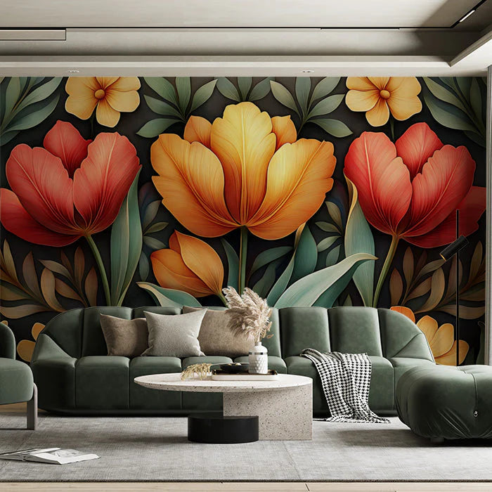 Giant Colorful Tulip Mural Wallpaper in Living Room Various Colors (Orange, Green, etc.) of Tulip Mural Wallpaper - pure wallpaper artwork