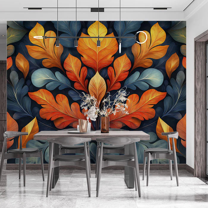 Colorful Leaves Mural Wallpaper in Dining Room Various Colors (Orange, Green, etc.) of leaves Mural Wallpaper