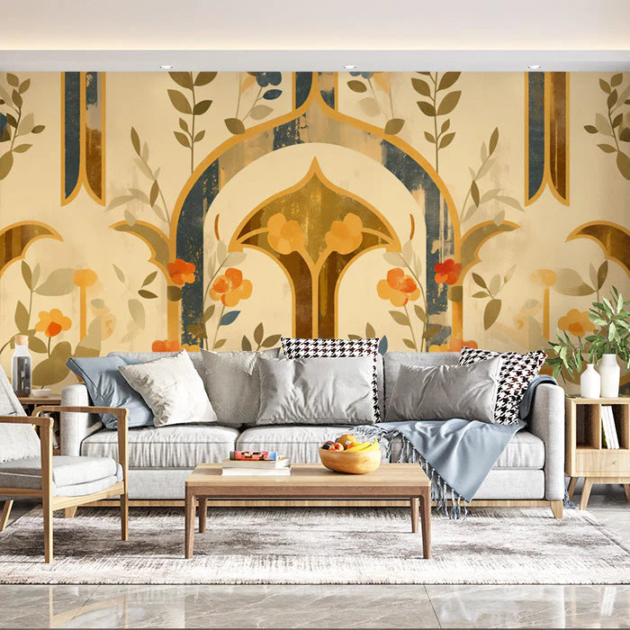Botanical Arch Wallpaper in Living Room Various Colors (Green, Brown, Beige, etc.) of Botanical Arch Mural Wallpaper