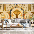 Botanical Arch Wallpaper in Living Room Various Colors (Green, Brown, Beige, etc.) of Botanical Arch Mural Wallpaper - pure wallpaper artwork