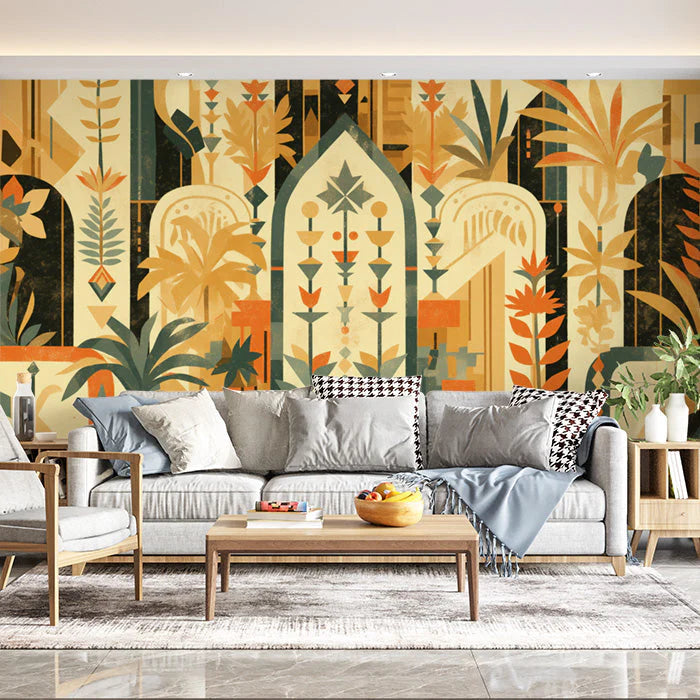 Botanical Arch Wallpaper in Living Room Various Colors (Green, Brown, Beige, etc.) of Botanical Arch Mural Wallpaper - pure wallpaper artwork