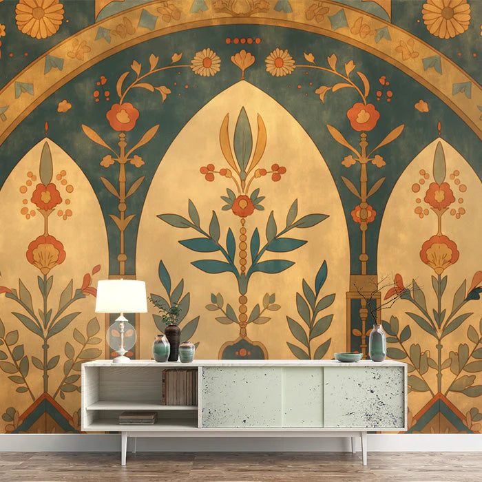 Botanical Arch Wallpaper in Living Room Various Colors (Green, Brown, Beige, etc.) of Botanical Arch Mural Wallpaper - pure wallpaper artwork