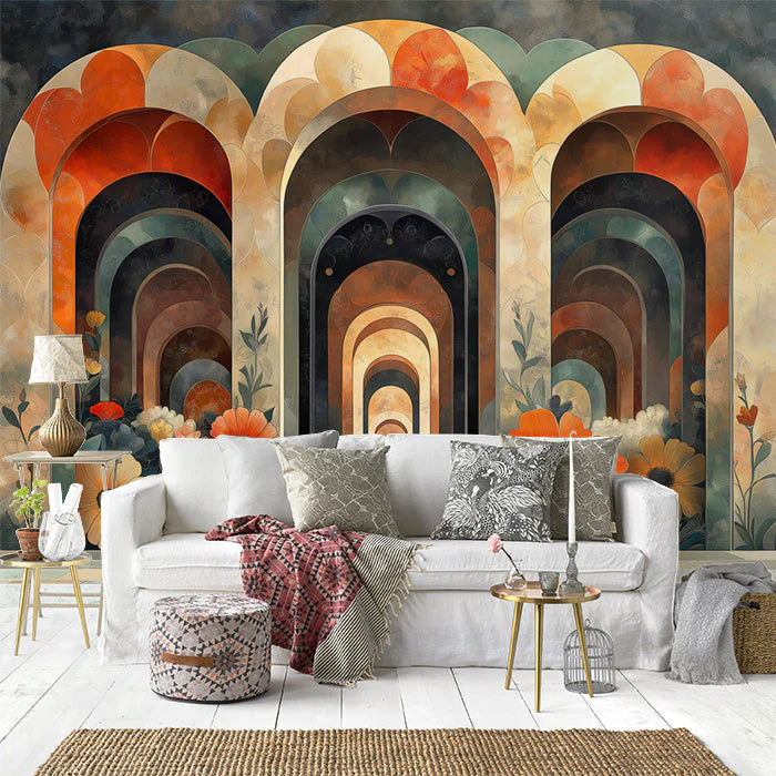 Floral Stained Glass Wallpaper in Living Room Various Colors (Red, Orange, Green, etc.) of Flowers Mural Wallpaper - pure wallpaper artwork