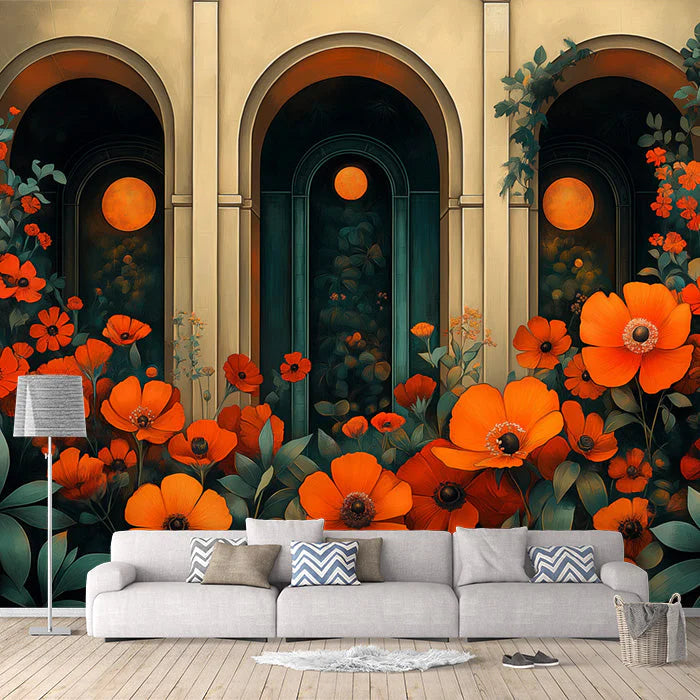 Floral Stained Glass Wallpaper for commercial space Various Colors (Red, Orange, Green, etc.) of Flowers Mural Wallpaper - pure wallpaper artwork