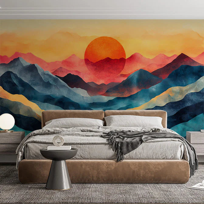 Mountain Sunset Mural Wallpaper in Bedroom Various Colors (Orange, Red, Blue, etc.) of Sunset Mural Wallpaper