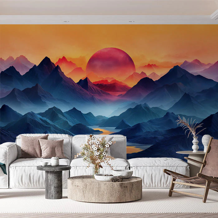 Mountain Sunset Mural Wallpaper in Living Room Various Colors (Orange, Red, Blue, etc.) of Sunset Mural Wallpaper - pure wallpaper artwork