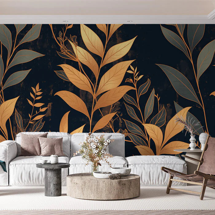 Dark Leafy Wallpaper in Living Room Various Colors (Gold, Green, Black, etc) of Leaves Mural Wallpaper