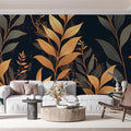 Dark Leafy Wallpaper in Living Room Various Colors (Gold, Green, Black, etc) of Leaves Mural Wallpaper - pure wallpaper artwork