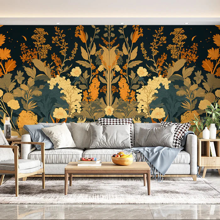 Dark Leafy Wallpaper in Living Room Various Colors (Gold, Green, Black, etc) of Leaves Mural Wallpaper - pure wallpaper artwork