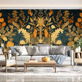 Dark Leafy Wallpaper in Living Room Various Colors (Gold, Green, Black, etc) of Leaves Mural Wallpaper - pure wallpaper artwork