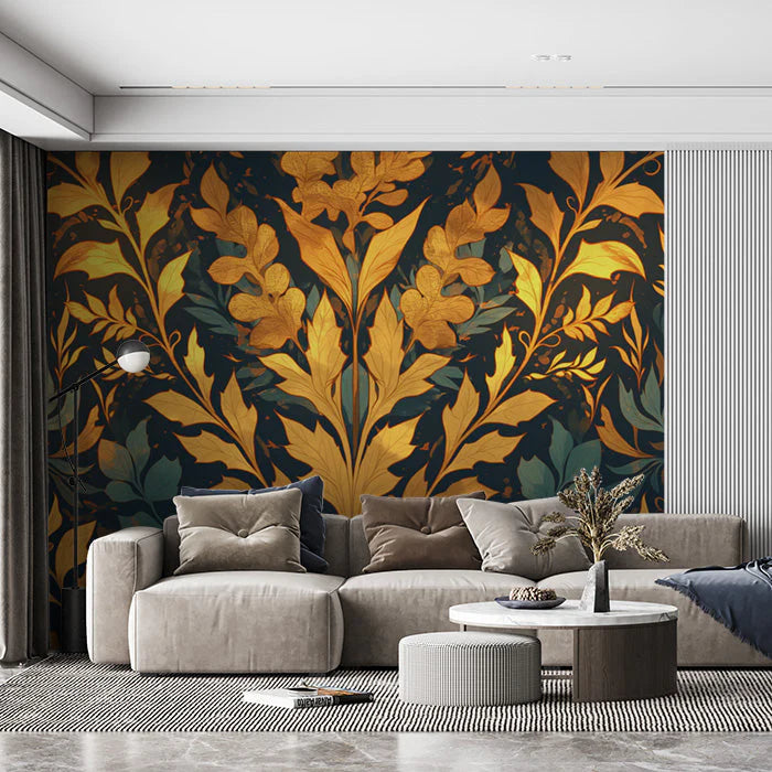 Dark Leafy Wallpaper in Living Room Various Colors (Gold, Green, Black, etc) of Leaves Mural Wallpaper - pure wallpaper artwork