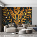 Dark Leafy Wallpaper in Living Room Various Colors (Gold, Green, Black, etc) of Leaves Mural Wallpaper - pure wallpaper artwork