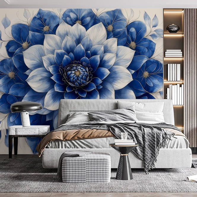 Blue Floral Wallpaper in Bedroom Various Colors (Blue, White, etc.) of Flowers Mural Wallpaper - pure wallpaper artwork