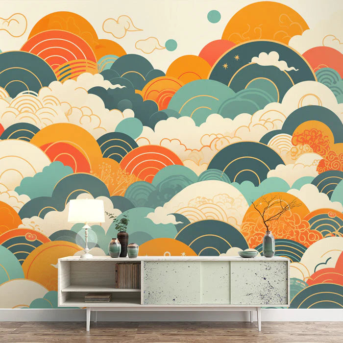 Cloudy Sunset Wallpaper in Living Room Various Colors (Orange, Green, Blue, etc.) of Sunset Mural Wallpaper - pure wallpaper artwork