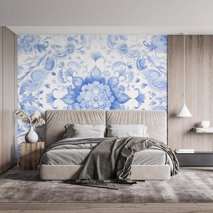 Blue Floral Pattern Wallpaper in Bedroom Various Colors (Blue, White, etc.) of Flowers Mural Wallpaper