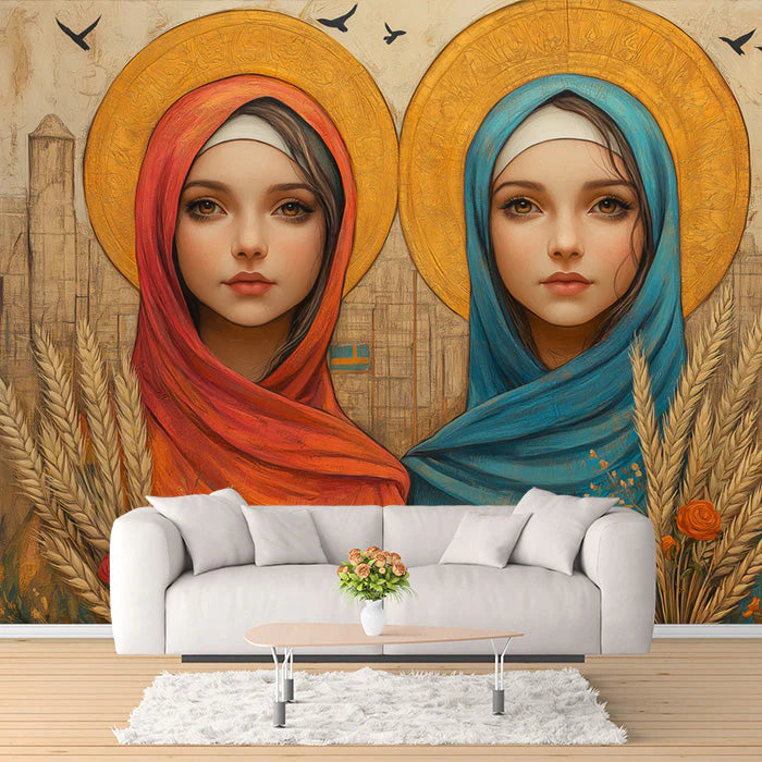 Twin Girls with Halos Wallpaper in Living Room Various Colors (Red, Blue, Gold, etc.) of Islamic Girls Mural Wallpaper - pure wallpaper artwork