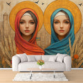Twin Girls with Halos Wallpaper in Living Room Various Colors (Red, Blue, Gold, etc.) of Islamic Girls Mural Wallpaper - pure wallpaper artwork