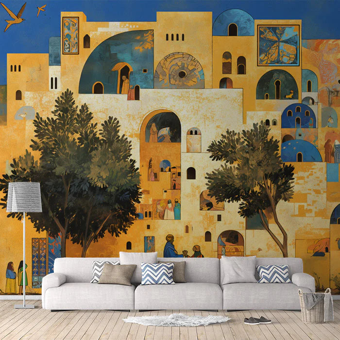 Mediterranean Village Mural Wallpaper in Living Room Various Colors (Yellow, Blue, Green, etc.) Mural Wallpaper