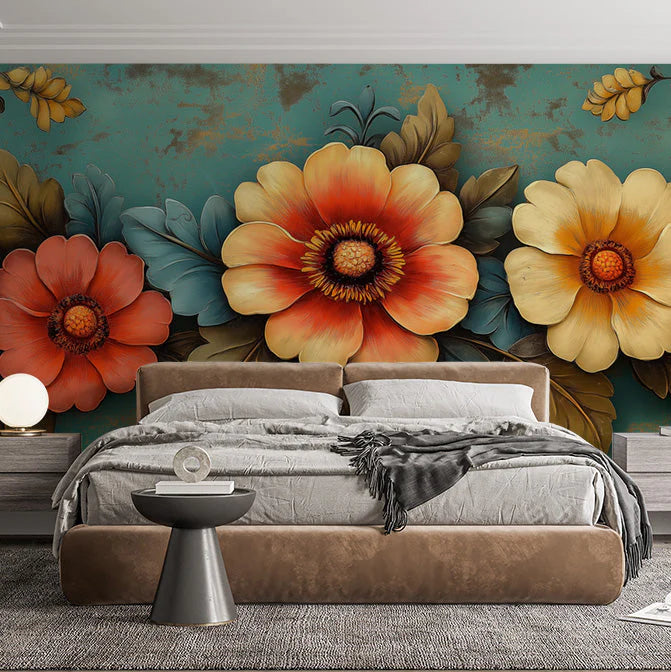 3D Vibrant Floral Mural Wallpaper in Bedroom Various Colors (Orange, Yellow, Green, etc.) of flowers Mural Wallpaper - pure wallpaper artwork