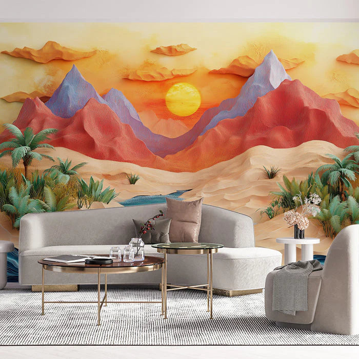 Desert Sunset Mural Wallpaper in Living Room Various Colors (Orange, Red, Blue, etc.) of Desert Sunset Mural Wallpaper
