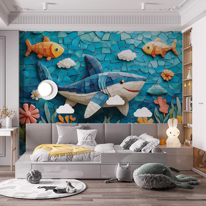 Mosaic Shark and Fish Mural Wallpaper in Bedroom Various Colors (Blue, Orange, etc.) of Shark and Fish Mural Wallpaper - pure wallpaper artwork