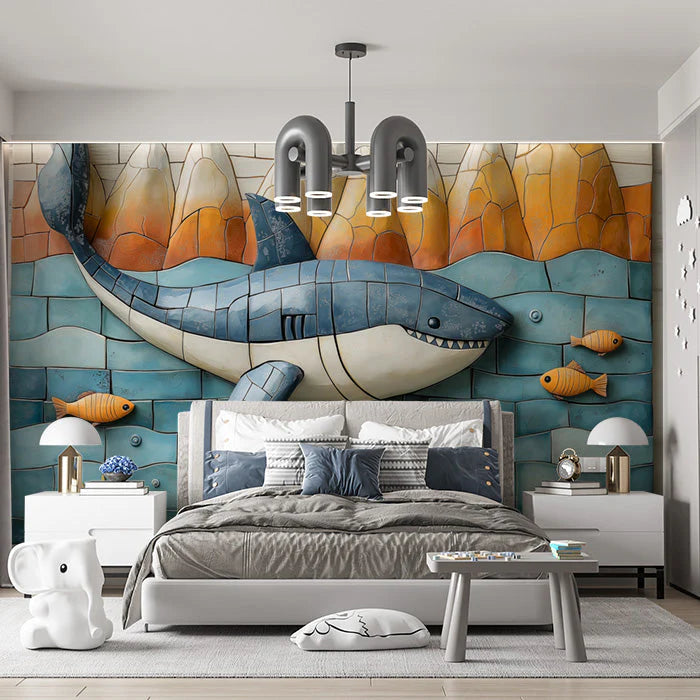 Mosaic Shark and Fish Mural Wallpaper in Bedroom Various Colors (Blue, Orange, etc.) of Shark and Fish Mural Wallpaper - pure wallpaper artwork