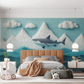 Mosaic Shark and Fish Mural Wallpaper in Bedroom Various Colors (Blue, Orange, etc.) of Shark and Fish Mural Wallpaper - pure wallpaper artwork