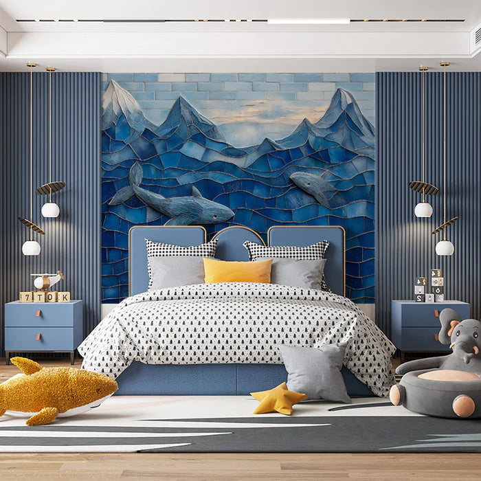 Mosaic Ocean and Sharks Mural Wallpaper in Bedroom Various Colors (Blue, Yellow, etc.) of Sharks Mural Wallpaper - pure wallpaper artwork
