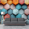 Hexagonal Geometric Mural Wallpaper in Living Room Various Colors (Orange, Blue, etc.) of Hexagons Mural Wallpaper - pure wallpaper artwork