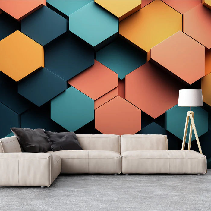 Geometric Mural Wallpaper in Living Room Various Colors (Orange, Blue, etc.) of Hexagons Mural Wallpaper - pure wallpaper artwork