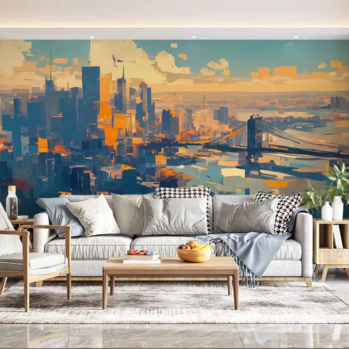 Cityscape Mural Wallpaper in Living Room Various Colors (Blue, Orange, etc.) of City Mural Wallpaper