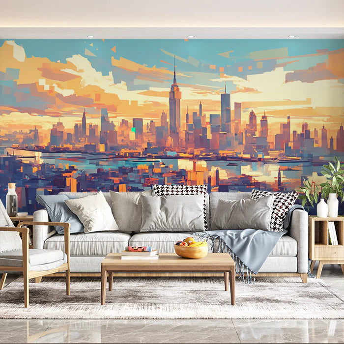 Cityscape Mural Wallpaper in Living Room Various Colors (Blue, Orange, etc.) of City Mural Wallpaper - pure wallpaper artwork