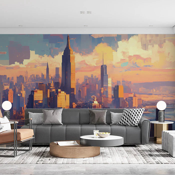 Cityscape Mural Wallpaper in Living Room Various Colors (Blue, Orange, etc.) of City Mural Wallpaper