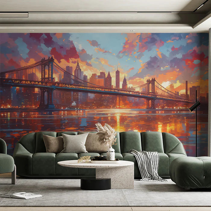 Cityscape Mural Wallpaper in Living Room Various Colors (Blue, Orange, etc.) of City Mural Wallpaper - pure wallpaper artwork