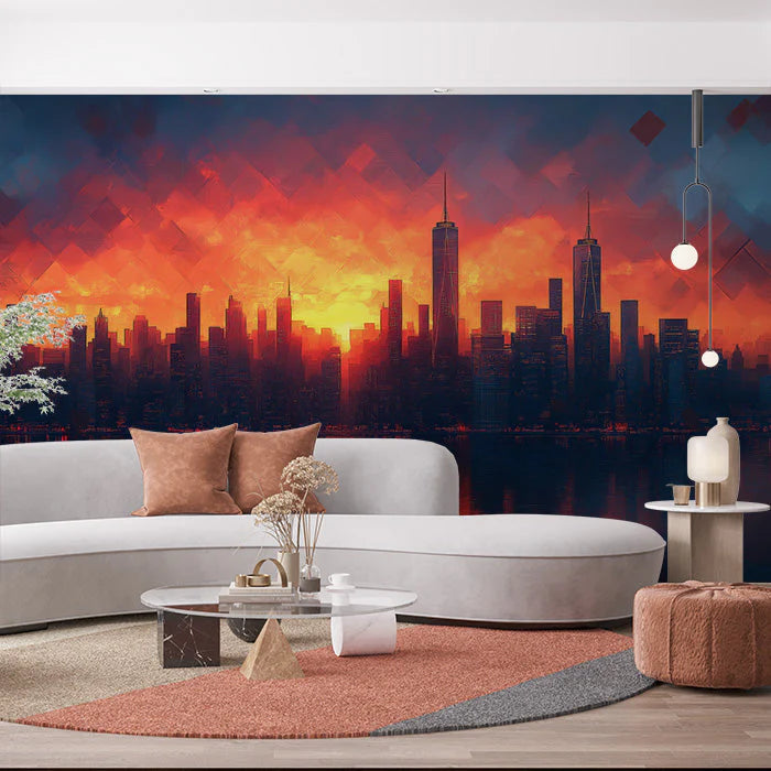 Sunset Cityscape Mural Wallpaper in Living Room Various Colors (Orange, Red, Blue, etc.) of City Mural Wallpaper
