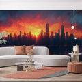 Sunset Cityscape Mural Wallpaper in Living Room Various Colors (Orange, Red, Blue, etc.) of City Mural Wallpaper - pure wallpaper artwork