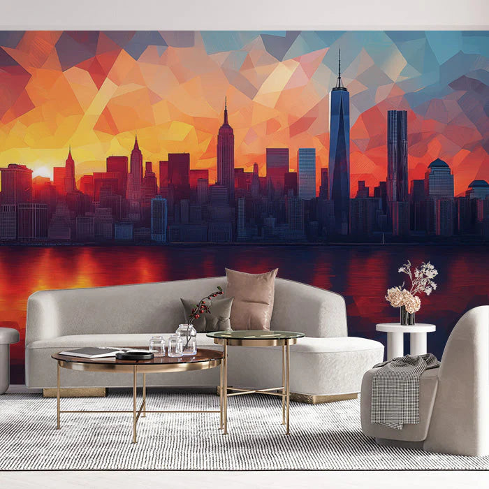 Sunset Cityscape Mural Wallpaper in Living Room Various Colors (Orange, Red, Blue, etc.) of City Mural Wallpaper - pure wallpaper artwork