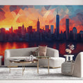 Sunset Cityscape Mural Wallpaper in Living Room Various Colors (Orange, Red, Blue, etc.) of City Mural Wallpaper - pure wallpaper artwork