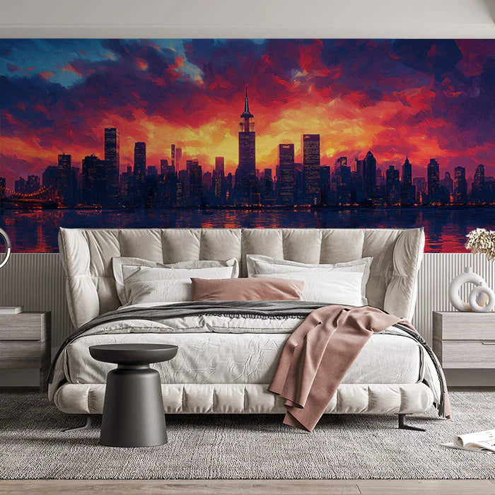 Sunset Cityscape Mural Wallpaper in Bed Room Various Colors (Orange, Red, Blue, etc.) of City Mural Wallpaper