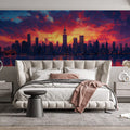Sunset Cityscape Mural Wallpaper in Bed Room Various Colors (Orange, Red, Blue, etc.) of City Mural Wallpaper - pure wallpaper artwork