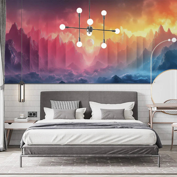 Mountain Landscape with Sunset Mural Wallpaper in Bedroom Mural Wallpaper - pure wallpaper artwork
