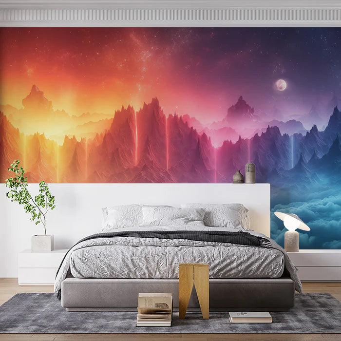 Colorful Mountain Range Mural Wallpaper in Bedroom Mural Wallpaper - pure wallpaper artwork