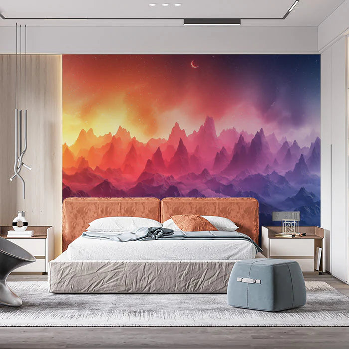 Dramatic Sunset Mountain Landscape Mural Wallpaper in Bedroom Mural Wallpaper - pure wallpaper artwork