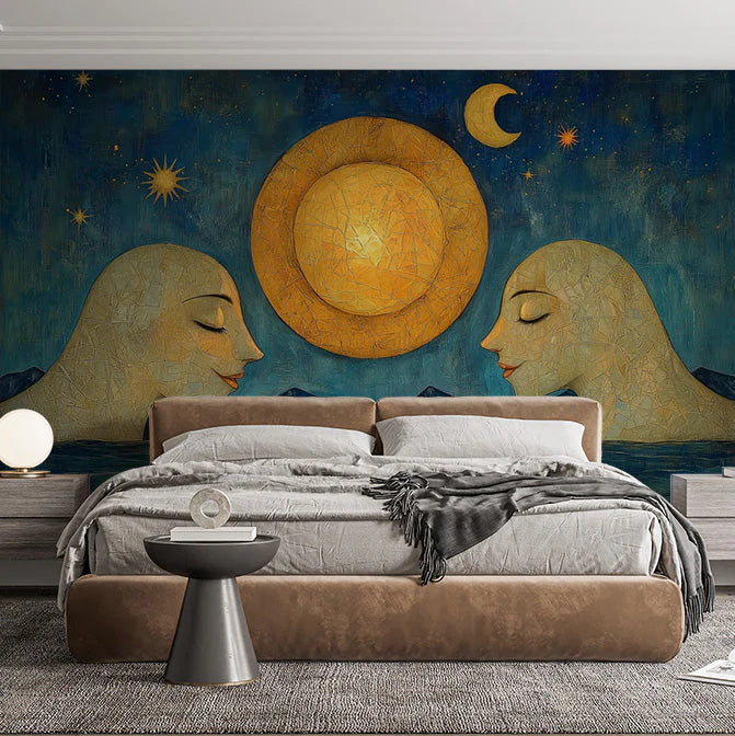Moon and Faces Mural Wallpaper in Bedroom Various Colors (Blue, Yellow, etc.) Moon and Faces Mural Wallpaper