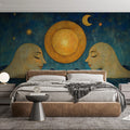 Moon and Faces Mural Wallpaper in Bedroom Various Colors (Blue, Yellow, etc.) Moon and Faces Mural Wallpaper - pure wallpaper artwork